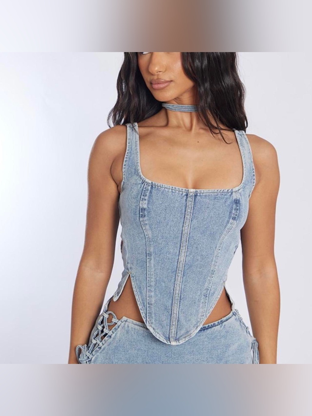 Denim Bustier Crop Top Lace Back Detail 00- Never Worn! Pretty Little Thing
